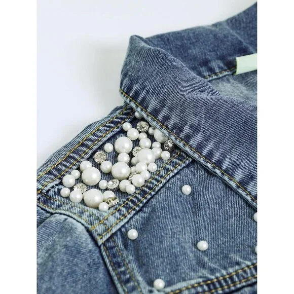 Women's Cotton Blend Cropped Denim Jacket Rhinestones Pearls 3/4 Sleeve